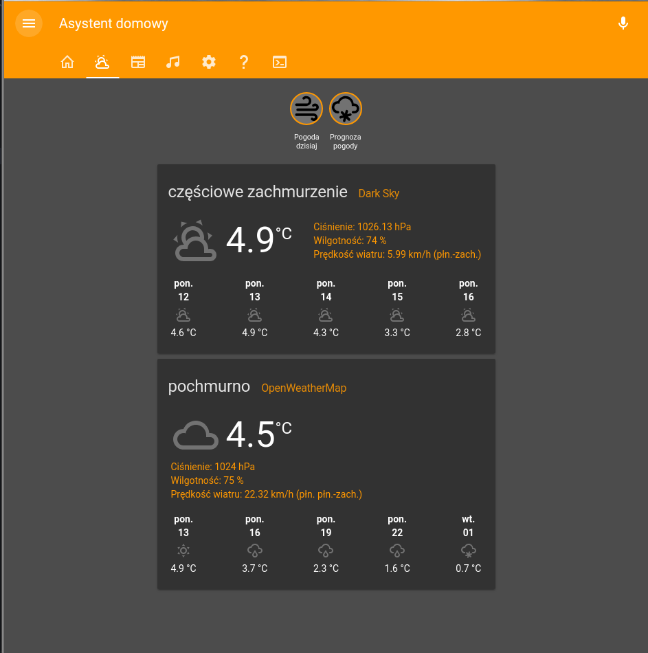 Aplikacja asystent domowy widok pogody